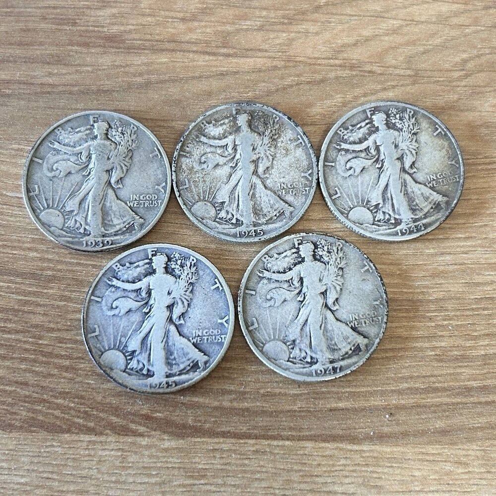 5 Walking Liberty Half Dollars 90% Silver $2.50 Face Value